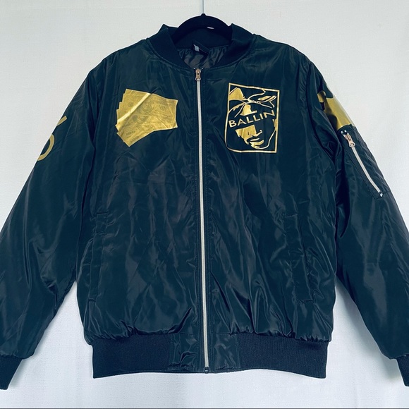 Tupac Black Gold All Eyes On Me Bomber Jacket - Picture 1 of 10